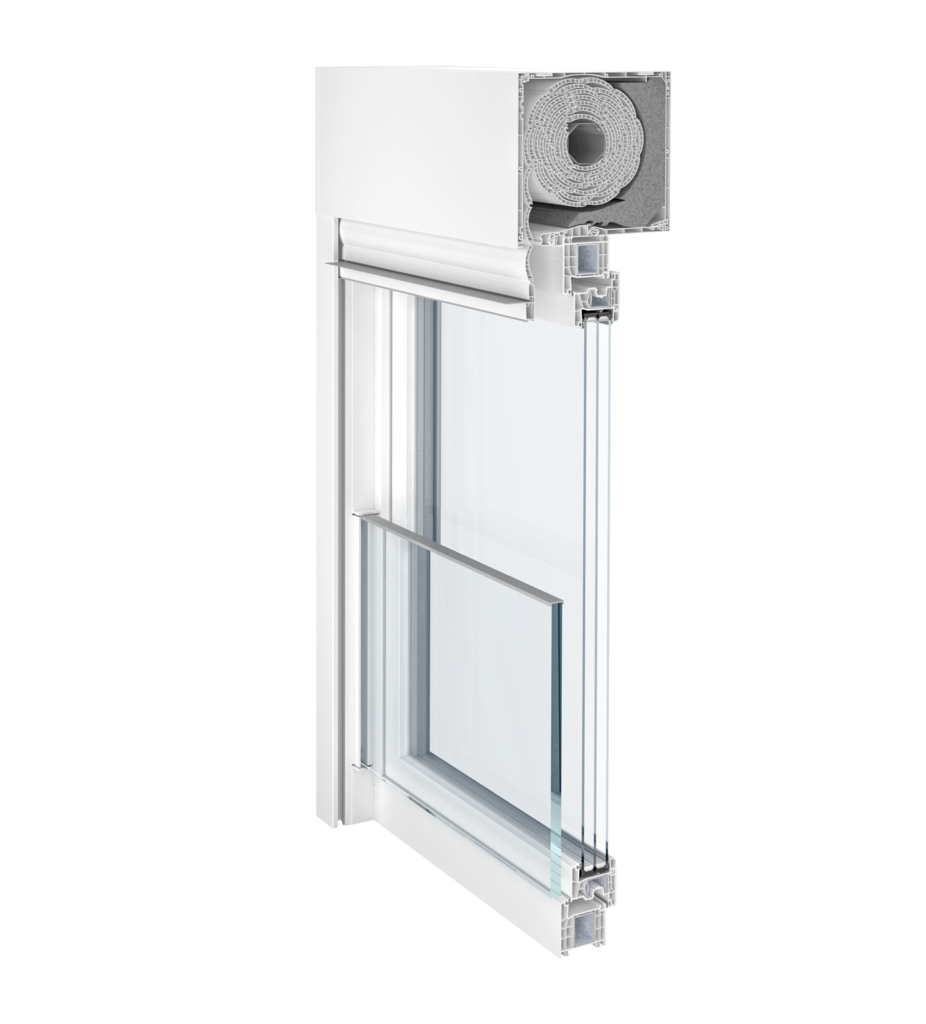 Estructura de la ventana Kömmerling Xtrem 76 MD con persiana