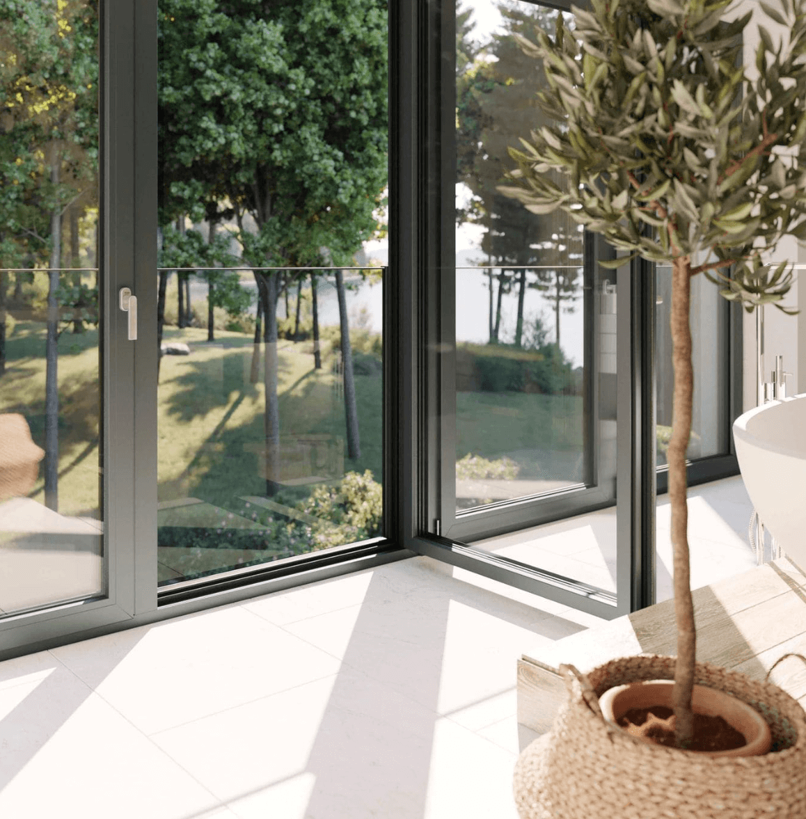 Puerta de balcón Rehau Synego instalada en una ventana panorámica