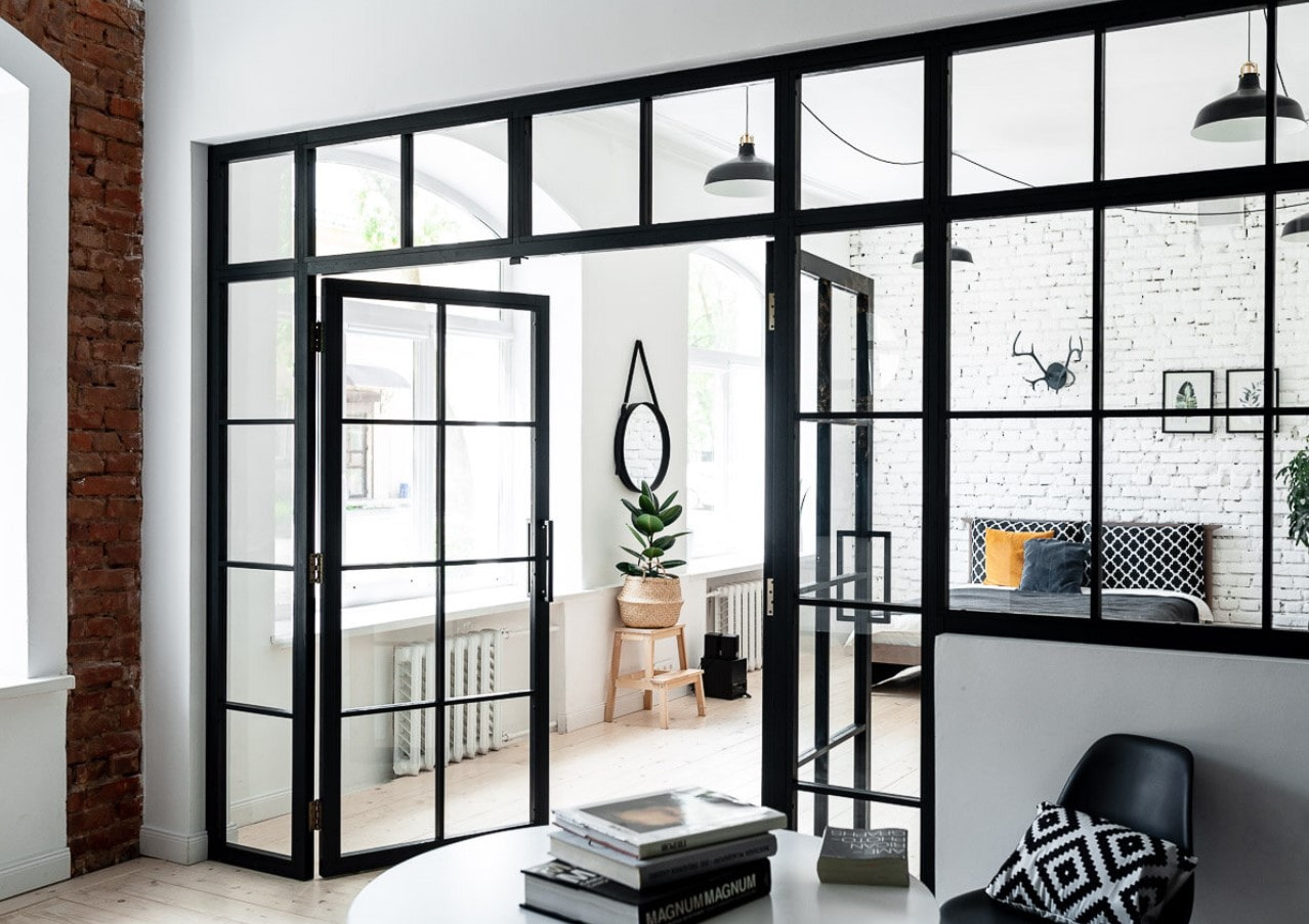 Стеклянные перегородки — распашная дверь